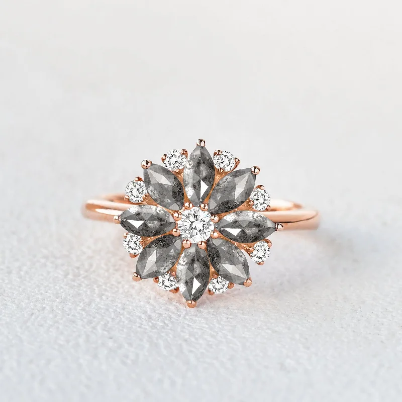 Floral Inspired - Salt and Pepper Diamond Gold Ring
