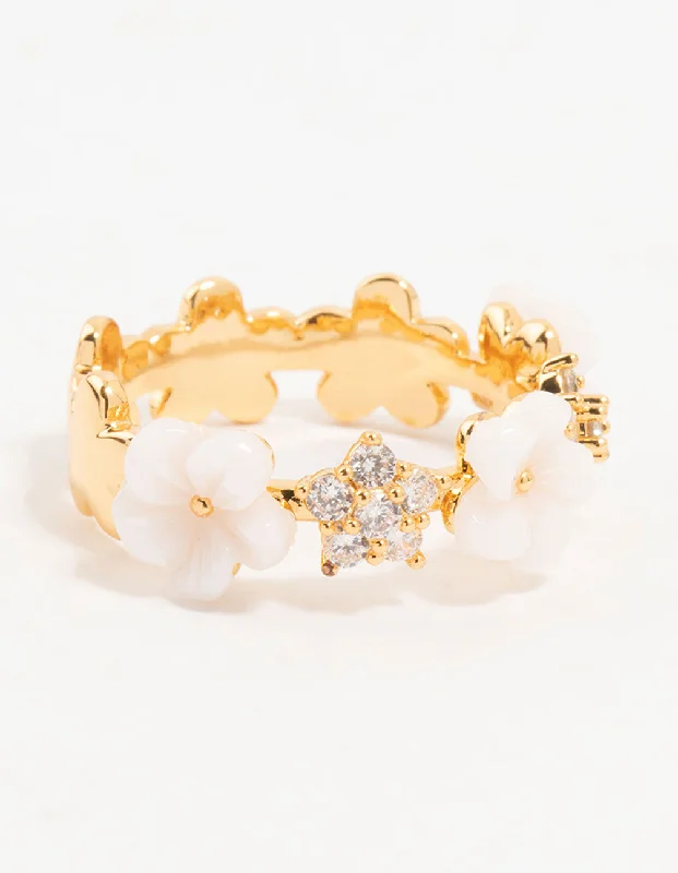 Open - Band Fashion Rings in Sterling Silver with Gemstone InlaysGold Plated Alternating Flower Cubic Zirconia Band Ring Open - Band Fashion Rings in Sterling Silver with Gemstone InlaysGold Plated Alternating Flower Cubic Zirconia Band Ring