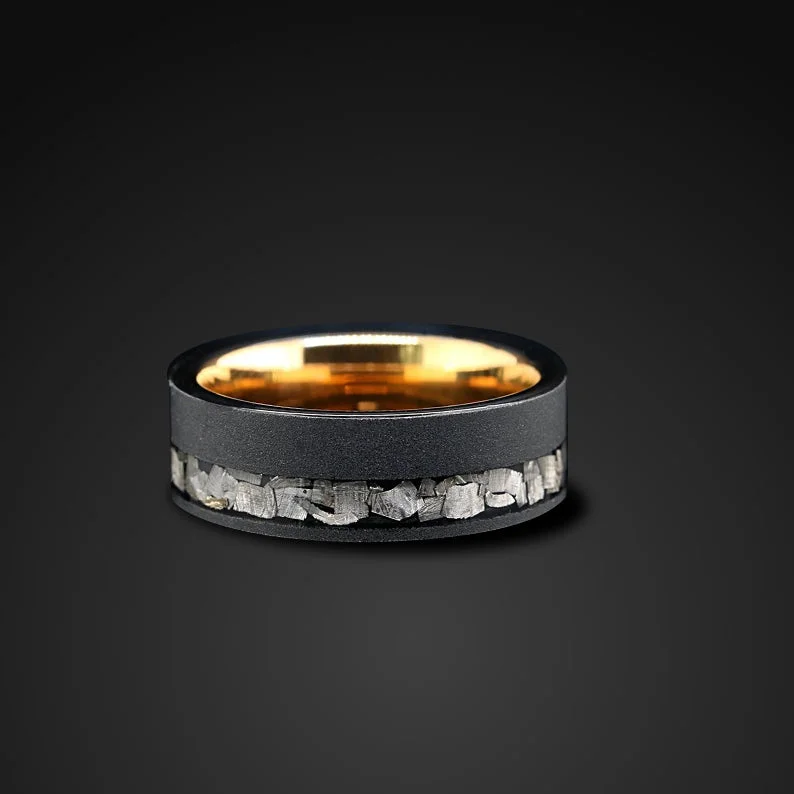 Men's ruby - adorned rings for a bold red colorTungsten Ring for Men | Meteorite chips and 14k gold Wedding Band for Men | 8mm Men's ruby - adorned rings for a bold red colorTungsten Ring for Men | Meteorite chips and 14k gold Wedding Band for Men | 8mm