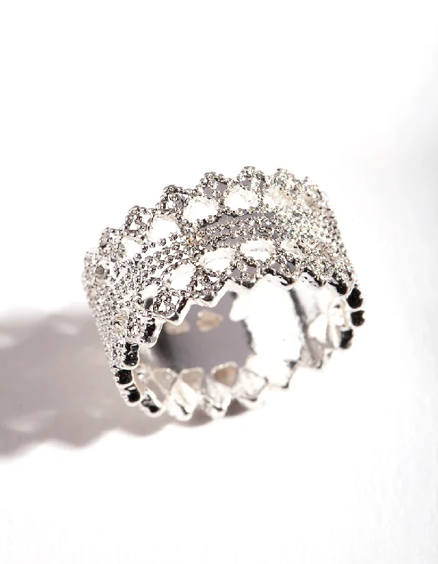 Rhinestone - Embellished Fashion Rings in Silver - Tone Metal for a Glamorous TouchSilver Lace Detail Ring Rhinestone - Embellished Fashion Rings in Silver - Tone Metal for a Glamorous TouchSilver Lace Detail Ring
