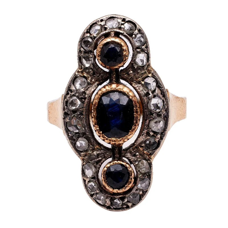 Marquise - cut diamond engagement ring with a split - shank band in platinumLate Victorian Sapphire Diamond 18k Yellow Gold Silver Navette Ring