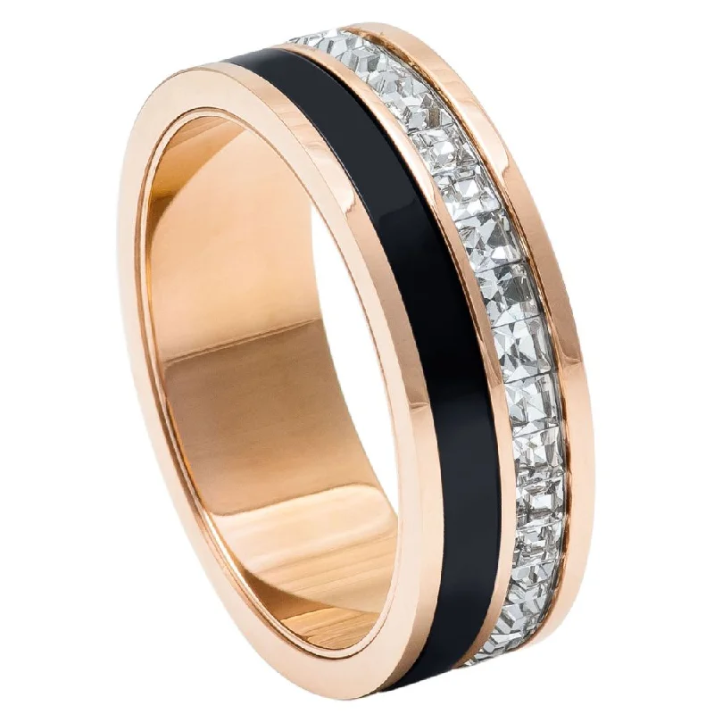 Titanium Rings with a Cross - Embossed Design for a Spiritual Touch7mm - Mens Titanium Rose Gold Black IP Plated Ring Princess Cut Flat Top Titanium Rings with a Cross - Embossed Design for a Spiritual Touch7mm - Mens Titanium Rose Gold Black IP Plated Ring Princess Cut Flat Top