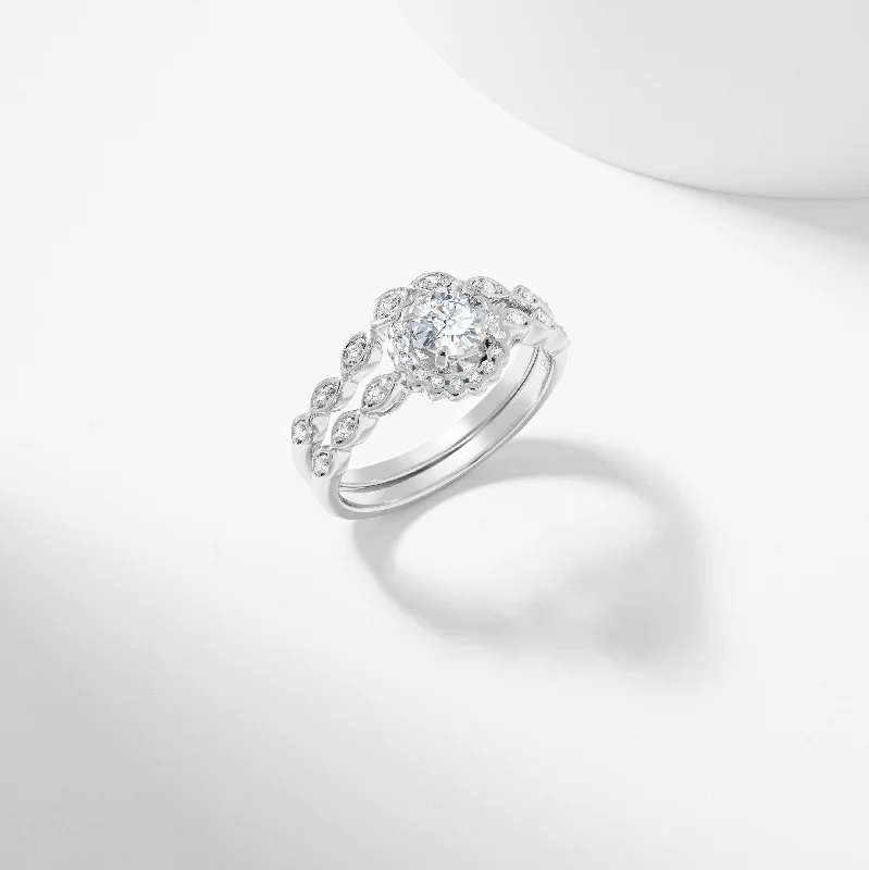 Princess - cut diamond engagement ring with a pavé - set band in platinumRound Brilliant Lab Grown Diamond Scallop Halo Bridal Set 0.7tdw Princess - cut diamond engagement ring with a pavé - set band in platinumRound Brilliant Lab Grown Diamond Scallop Halo Bridal Set 0.7tdw