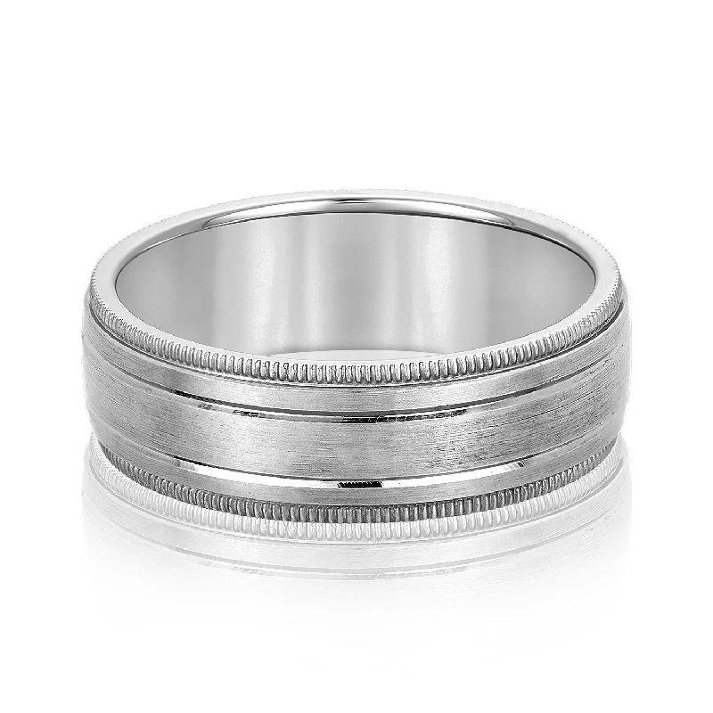 Men's hematite - ring for a metallic gray lusterFancy Brushed Men's Wedding Band with Double Line and Milgrain Edges