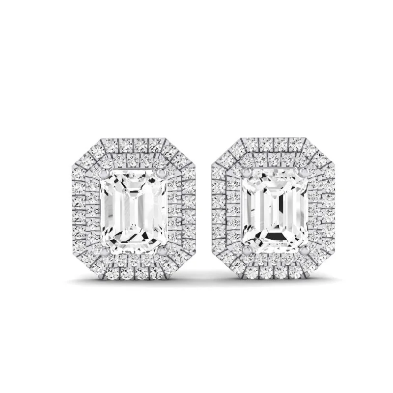Cerise Emerald Cut Diamond Halo Stud Earrings