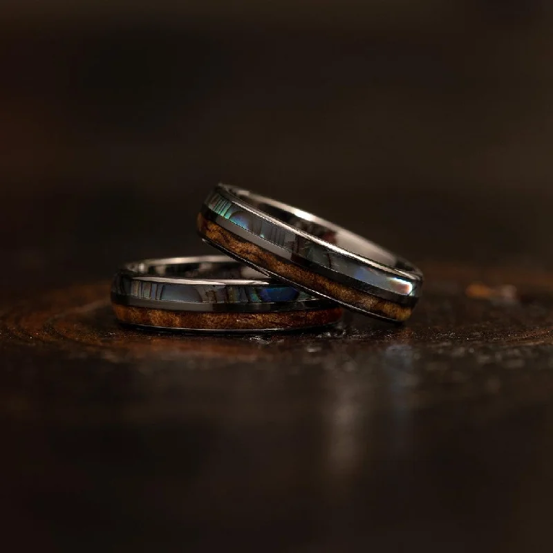 Interlocking Band Women's Rings in White Gold for a Modern Design"Dionysis" Womens Tungsten Carbide Ring- Gunmetal X Abalone- 5mm Interlocking Band Women's Rings in White Gold for a Modern Design"Dionysis" Womens Tungsten Carbide Ring- Gunmetal X Abalone- 5mm