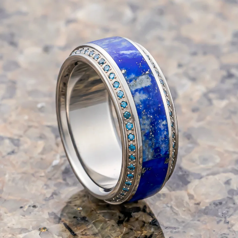 Titanium Rings with a Gemstone - Studded Bezel SettingHYDRA Lapis Lazuli Inlaid Titanium Wedding Ring Polished Beveled Edges Set with Round Blue Diamonds - 10mm Titanium Rings with a Gemstone - Studded Bezel SettingHYDRA Lapis Lazuli Inlaid Titanium Wedding Ring Polished Beveled Edges Set with Round Blue Diamonds - 10mm