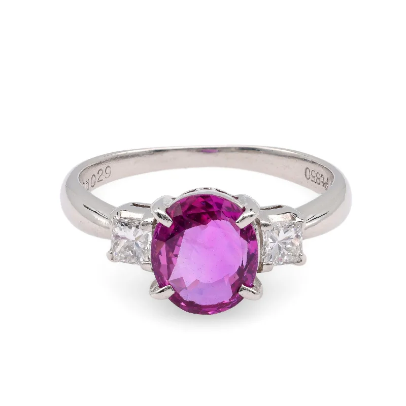 Halo diamond engagement ring in 18K white gold with a center oval - cut stoneContemporary 1.86 Carat Oval Pink Sapphire Diamond Platinum Three Stone Ring Halo diamond engagement ring in 18K white gold with a center oval - cut stoneContemporary 1.86 Carat Oval Pink Sapphire Diamond Platinum Three Stone Ring