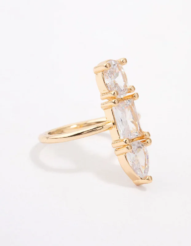 Open - Band Fashion Rings in Sterling Silver with Gemstone InlaysGold Plated Linear Cubic Zirconia Row Ring Open - Band Fashion Rings in Sterling Silver with Gemstone InlaysGold Plated Linear Cubic Zirconia Row Ring