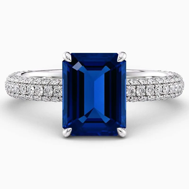 Men's Sapphire Engagement Rings in 18K White Gold with Pave Diamond Accents4.70 Carat Emerald Shape Hidden Halo Blue Sapphire Engagement Ring Men's Sapphire Engagement Rings in 18K White Gold with Pave Diamond Accents4.70 Carat Emerald Shape Hidden Halo Blue Sapphire Engagement Ring