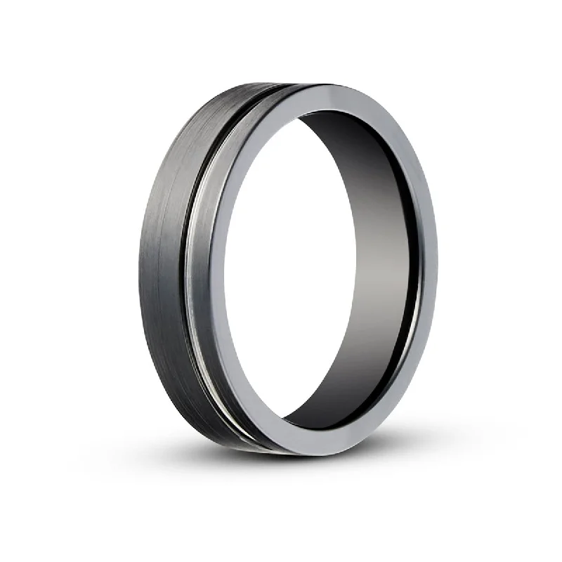 Men's tungsten carbide rings with a brushed textureMen’s Silver Striped Black Zirconium Ring Men's tungsten carbide rings with a brushed textureMen’s Silver Striped Black Zirconium Ring