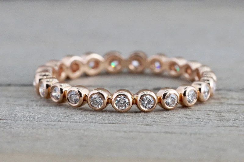 Men's diamond - encrusted engagement rings for a luxurious touch14k Rose Gold Round Cut Diamond Bezel Full Eternity Stackable Stacking Promise Ring Anniversary Bead