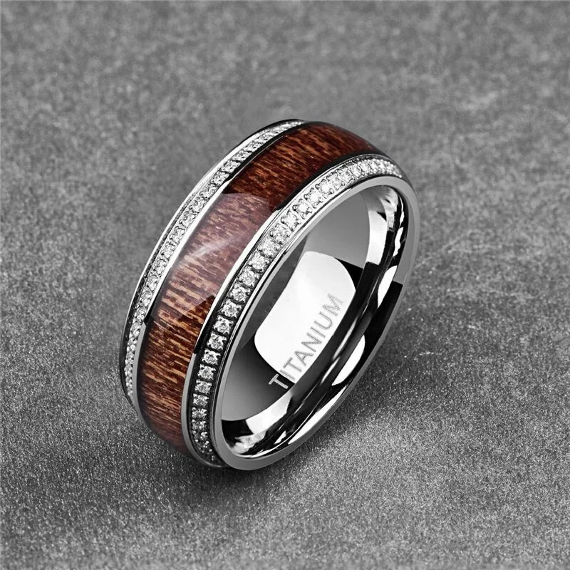 Titanium Rings with a Cubic Zirconia - Embellished Band8mm - Mens Titanium Wedding Band W/ Koa wood and diamonds Titanium Rings with a Cubic Zirconia - Embellished Band8mm - Mens Titanium Wedding Band W/ Koa wood and diamonds