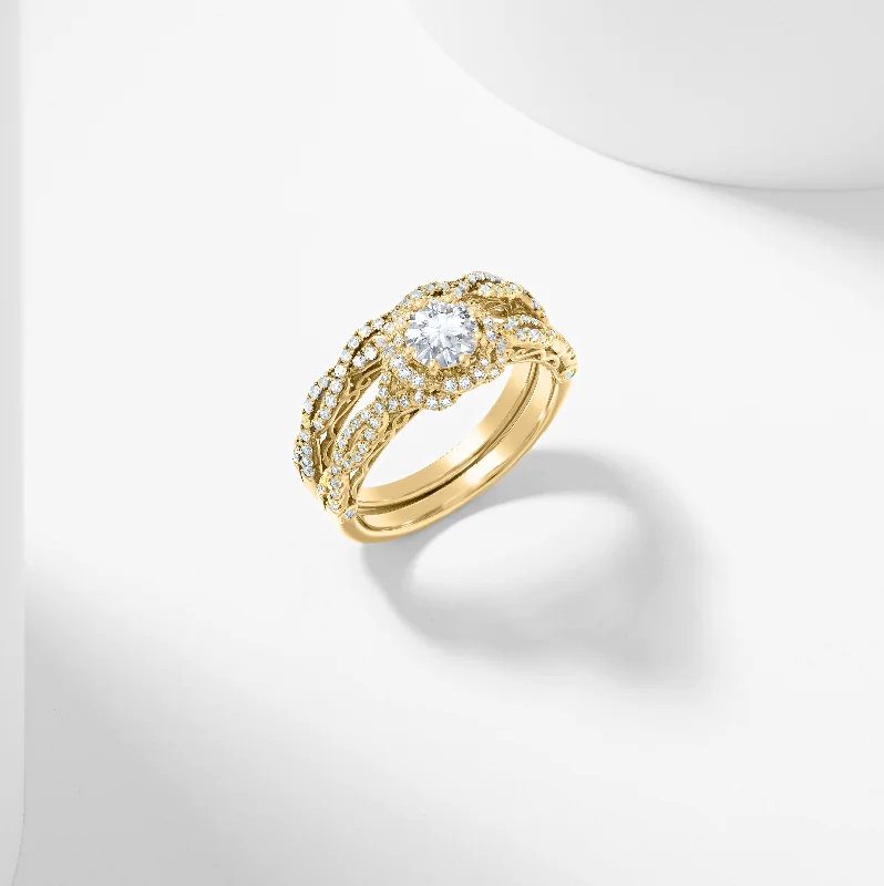 Round - cut diamond engagement ring with a twisted band design in 14K white goldRound Brilliant Lab Grown Diamond Flower Halo Bridal Set 1.5tdw Round - cut diamond engagement ring with a twisted band design in 14K white goldRound Brilliant Lab Grown Diamond Flower Halo Bridal Set 1.5tdw