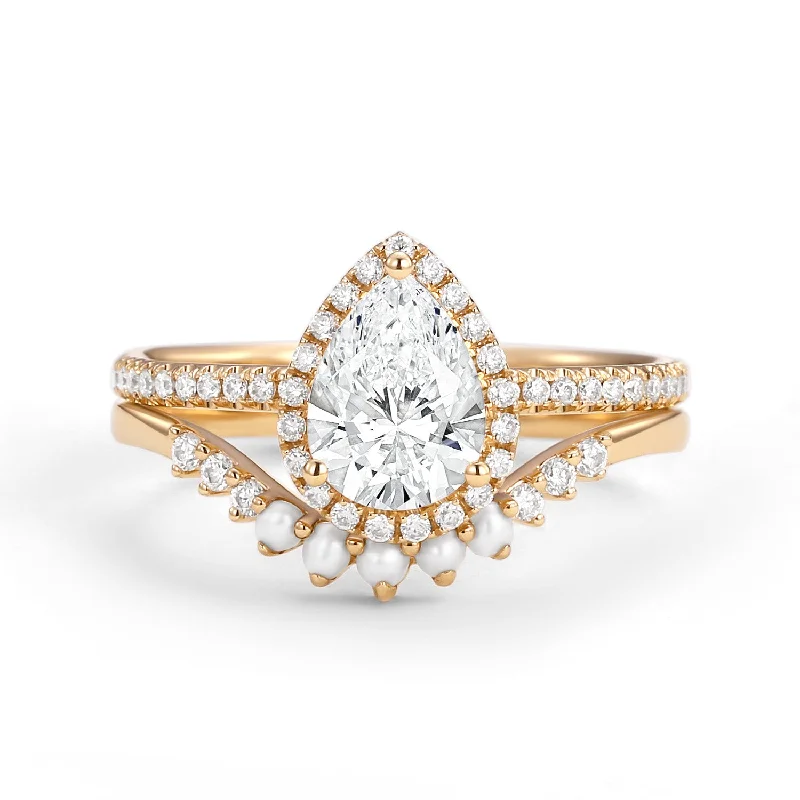 1.0ct Lab Grown Diamond Pear Halo Ring Set 2pcs
