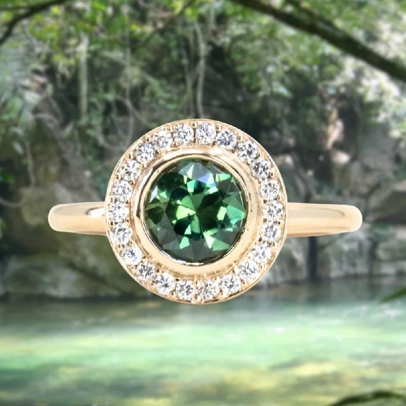 Tourmaline Gemstone Rings in 18K Two - Tone Gold with a Floral - Shaped Setting for a Feminine Touch1.29ct Round Untreated Songean Green Sapphire Bezel Set Diamond Halo Ring in 14k Yellow Gold Tourmaline Gemstone Rings in 18K Two - Tone Gold with a Floral - Shaped Setting for a Feminine Touch1.29ct Round Untreated Songean Green Sapphire Bezel Set Diamond Halo Ring in 14k Yellow Gold