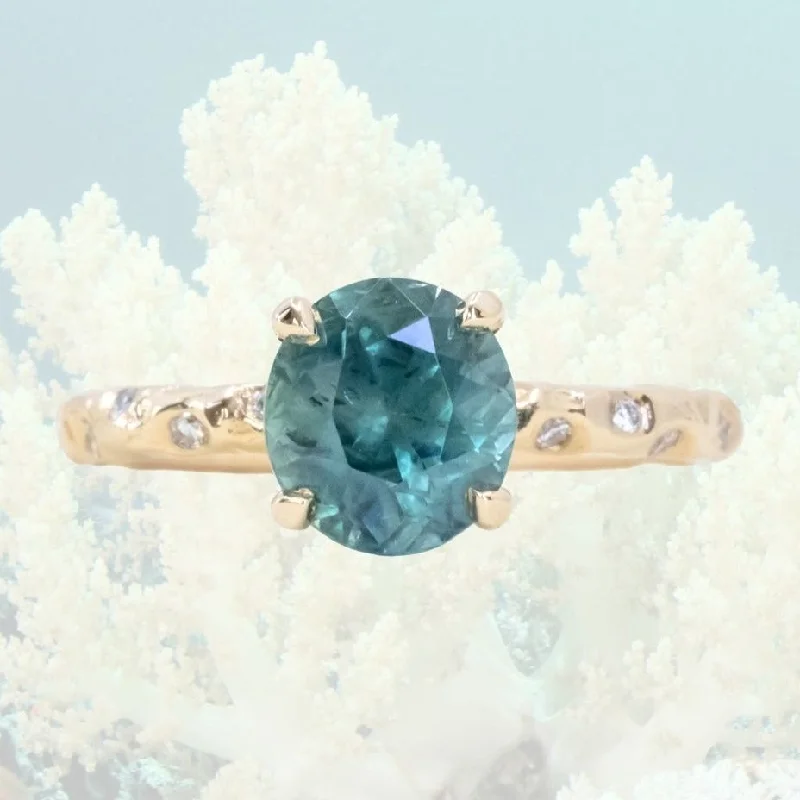 Alexandrite Gemstone Rings in Platinum with a Hidden Halo for a Rare and Luxurious Piece2.35ct Silky Roval Montana Sapphire 4 Prong Evergreen Solitaire with Scattered Embedded Diamonds in 14k Yellow Gold