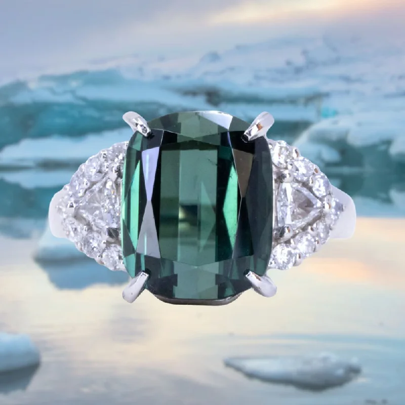 Emerald Gemstone Rings Set in Platinum with Filigree Work for a Vintage - Inspired Look6.16ct Scissor Cushion Tourmaline and Diamond Cluster Side Stones Ring in Platinum Emerald Gemstone Rings Set in Platinum with Filigree Work for a Vintage - Inspired Look6.16ct Scissor Cushion Tourmaline and Diamond Cluster Side Stones Ring in Platinum