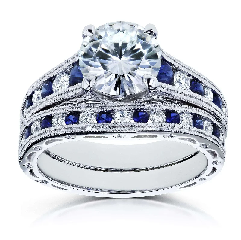 Emerald Gemstone Rings Set in Platinum with Filigree Work for a Vintage - Inspired LookForever One (D-F) Moissanite Bridal Set with Diamond and Sapphire 2 7/8 Carat in 14k White Gold Emerald Gemstone Rings Set in Platinum with Filigree Work for a Vintage - Inspired LookForever One (D-F) Moissanite Bridal Set with Diamond and Sapphire 2 7/8 Carat in 14k White Gold