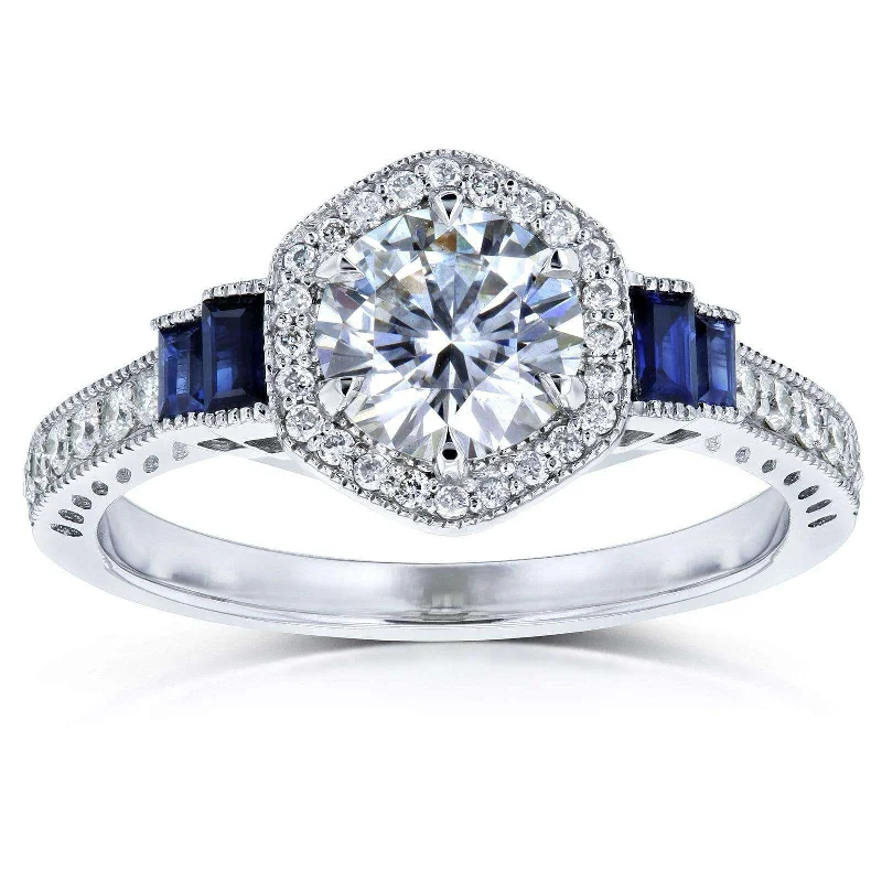 Emerald Gemstone Rings Set in Platinum with Filigree Work for a Vintage - Inspired LookMoissanite Sapphire & Diamond Deco Ring Emerald Gemstone Rings Set in Platinum with Filigree Work for a Vintage - Inspired LookMoissanite Sapphire & Diamond Deco Ring